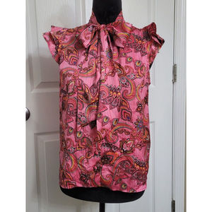 Joie Blouse Tie Neck Button Up  Ruffled Cap Sleeves Pink Red Paisley Size S/P